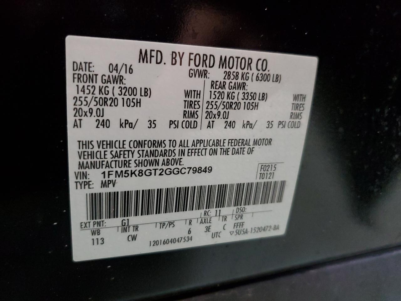 1FM5K8GT2GGC79849 FORD EXPLORER 2016