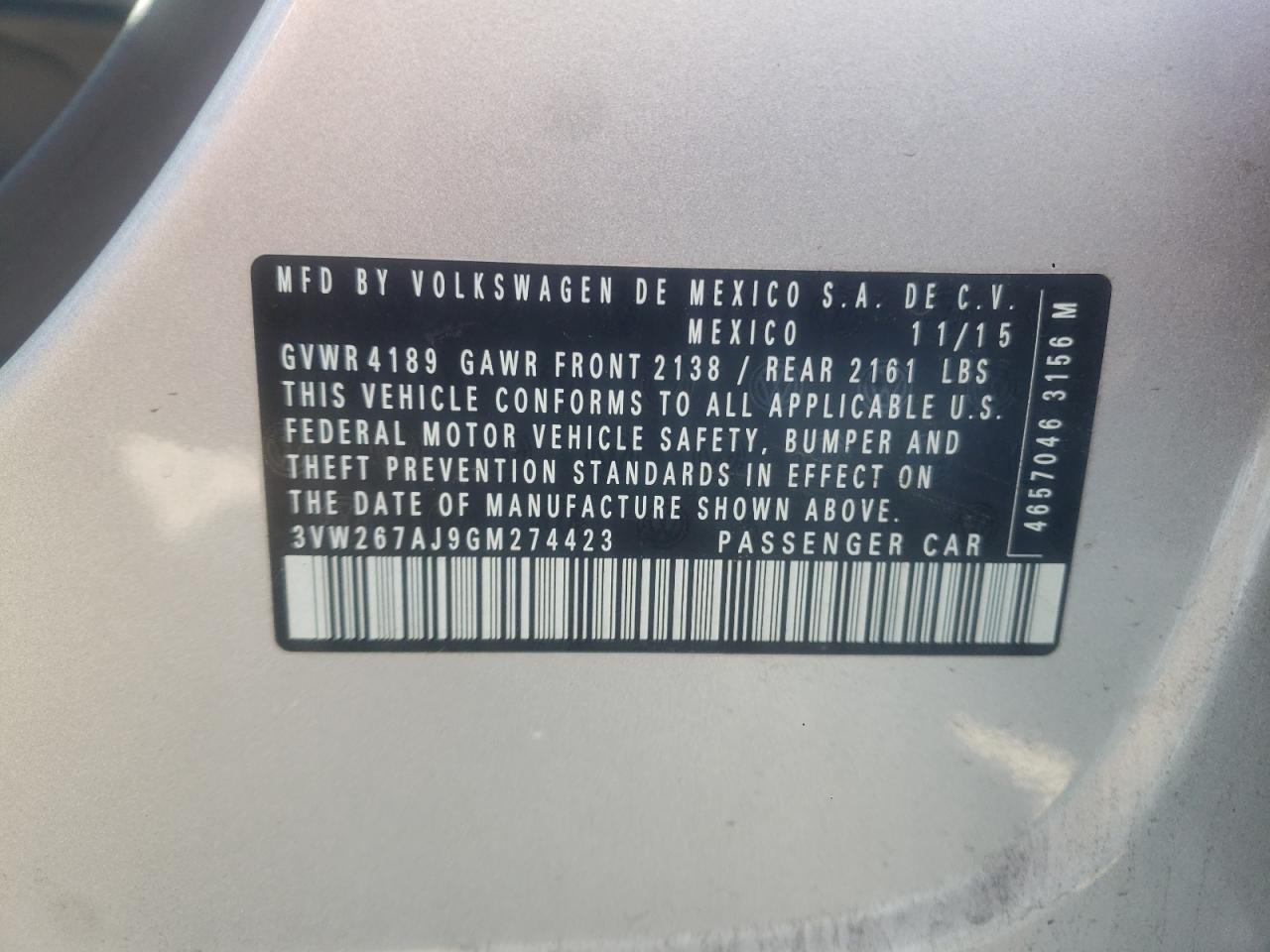 3VW267AJ9GM274423 VOLKSWAGEN JETTA 2016