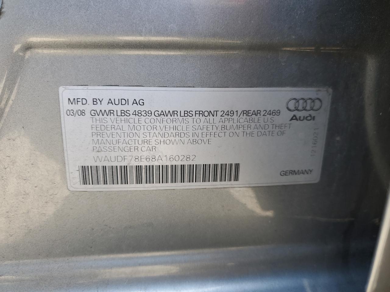 WAUDF78E68A160282 2008 Audi A4 2.0T Quattro