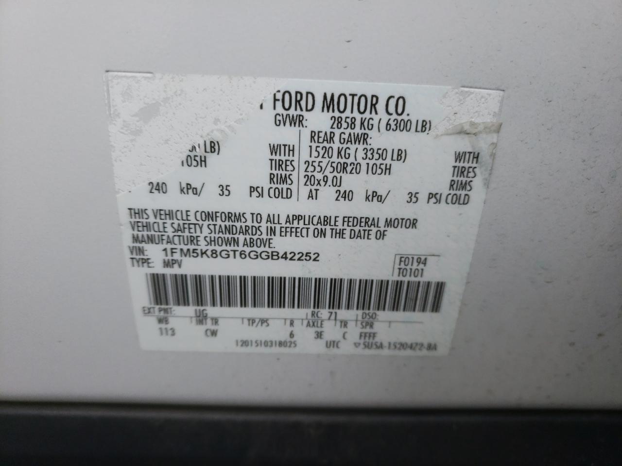1FM5K8GT6GGB42252 FORD EXPLORER 2016