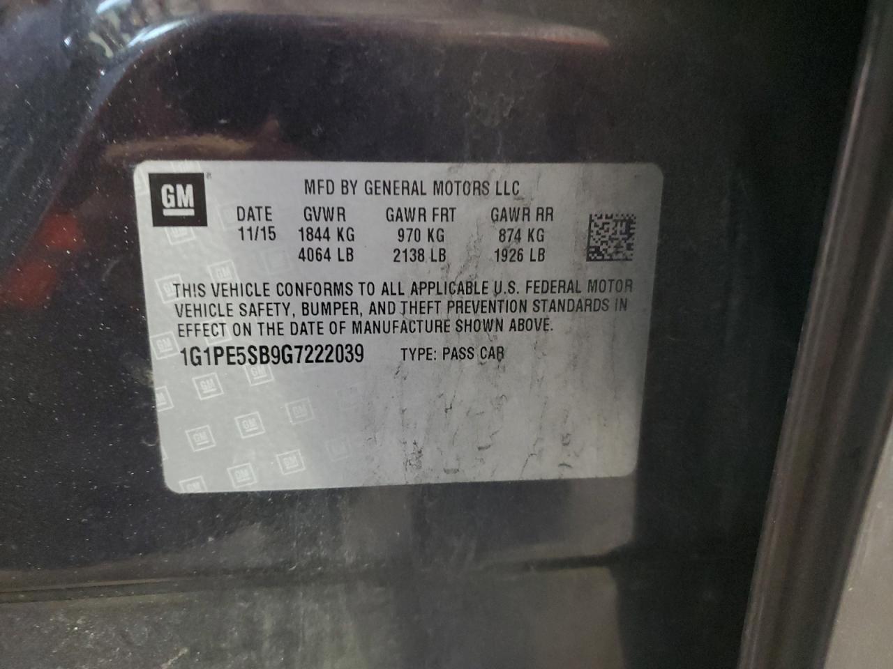 1G1PE5SB9G7222039 CHEVROLET CRUZE 2016