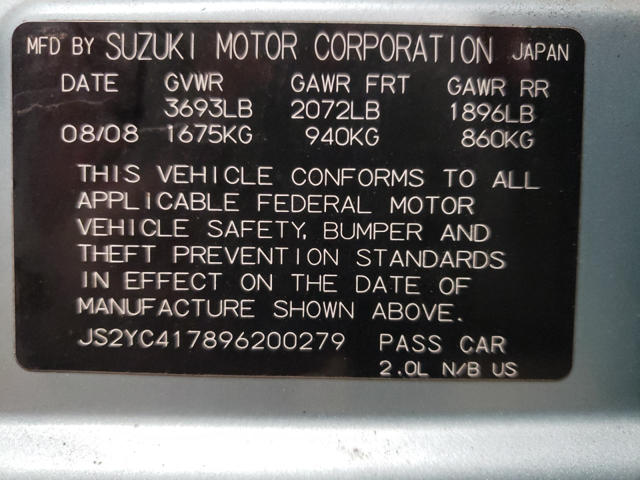 JS2YC417896200279 2009 Suzuki Sx4 Touring