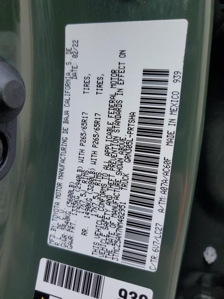 VIN: 3TMCZ5AN7NM482951 2022 TOYOTA TACOMA