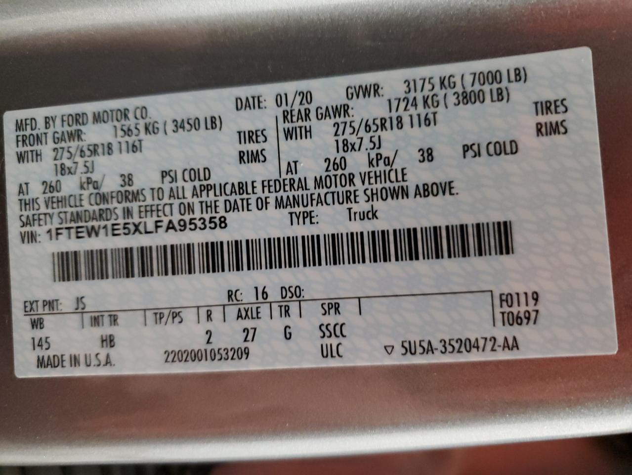 1FTEW1E5XLFA95358 FORD F-150 2020