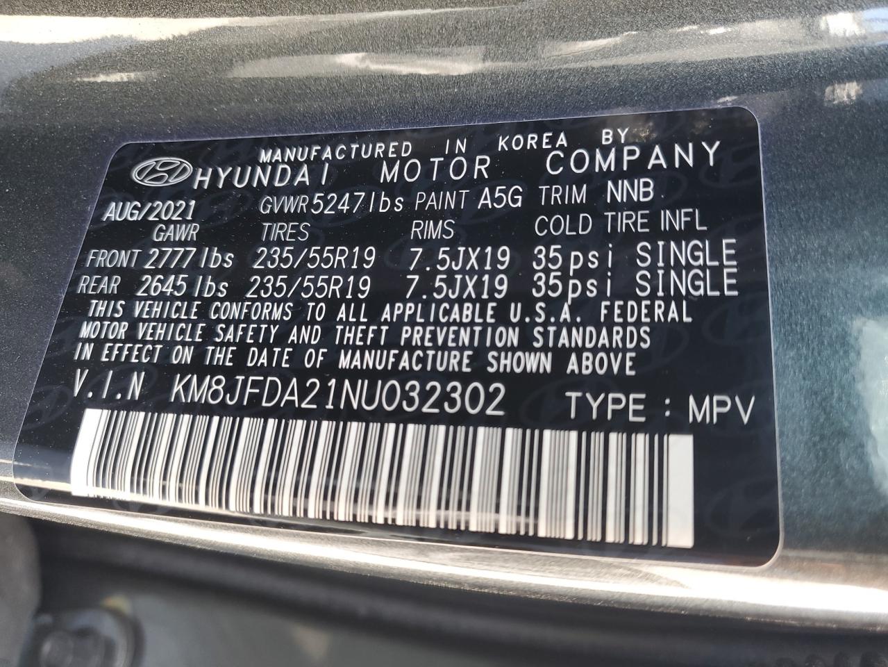 KM8JFDA21NU032302 2022 Hyundai Tucson Limited