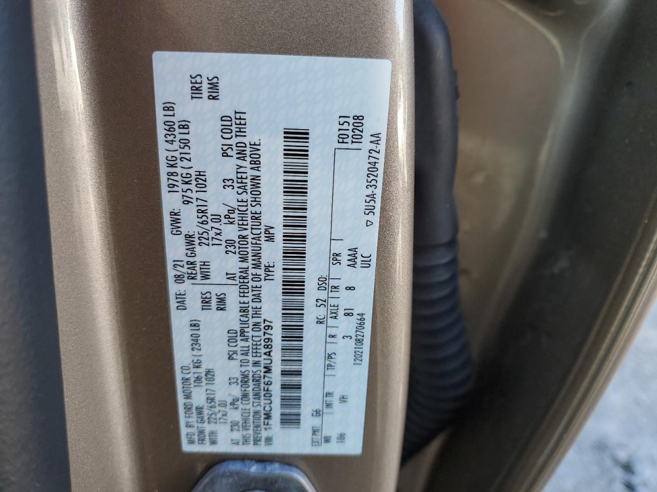 1FMCU0F67MUA89797 FORD ESCAPE 2021