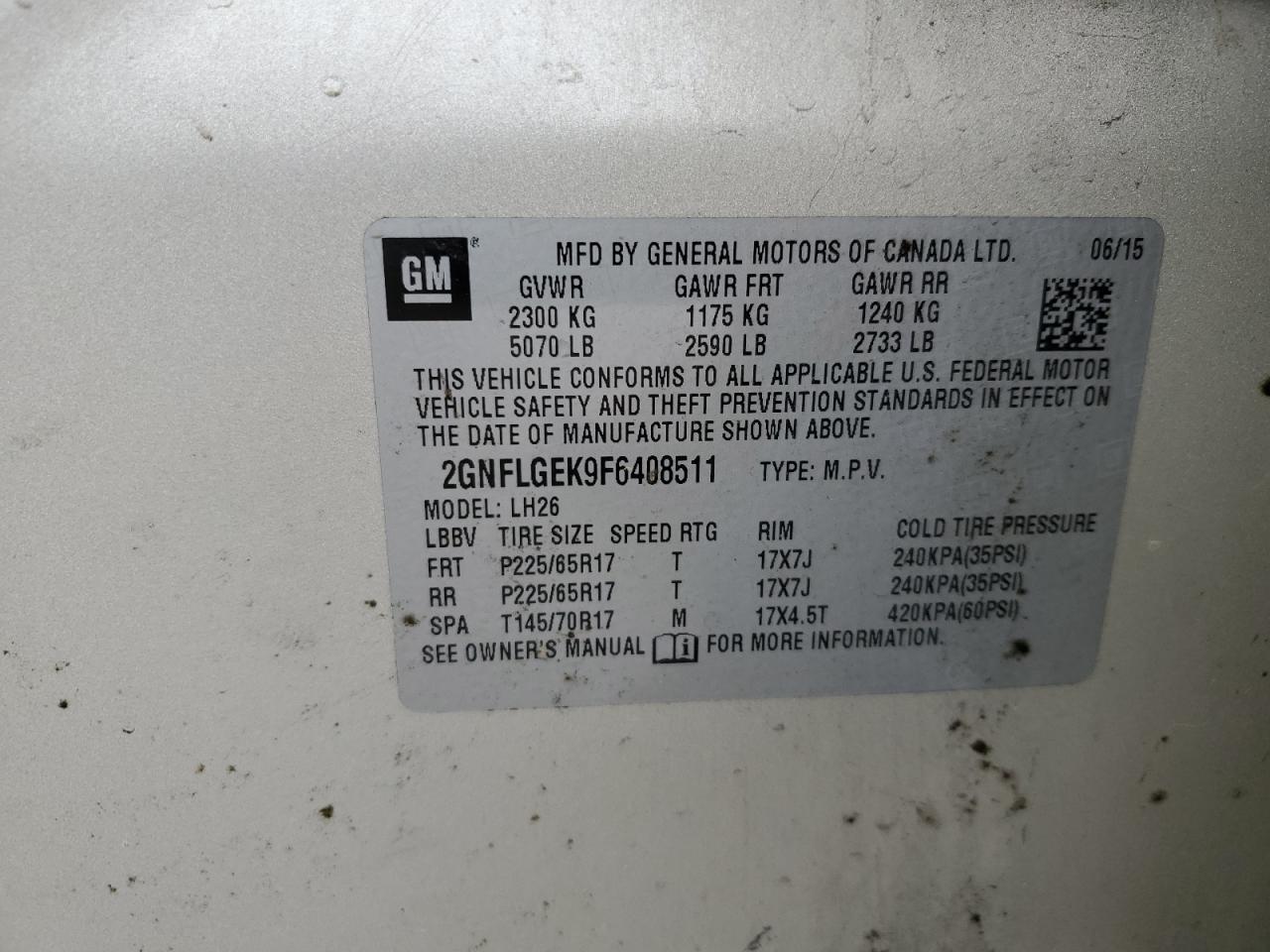 2GNFLGEK9F6408511 2015 Chevrolet Equinox Lt