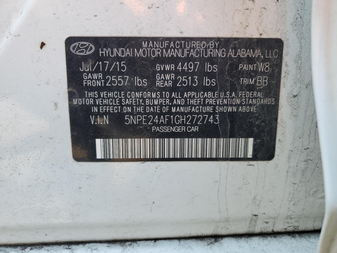 5NPE24AF1GH272743 2016 Hyundai Sonata Se