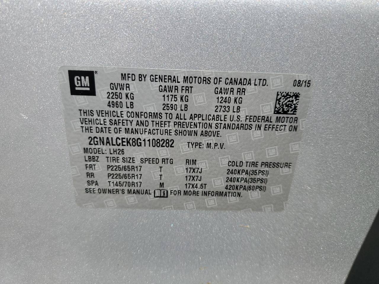 2GNALCEK8G1108282 2016 Chevrolet Equinox Lt