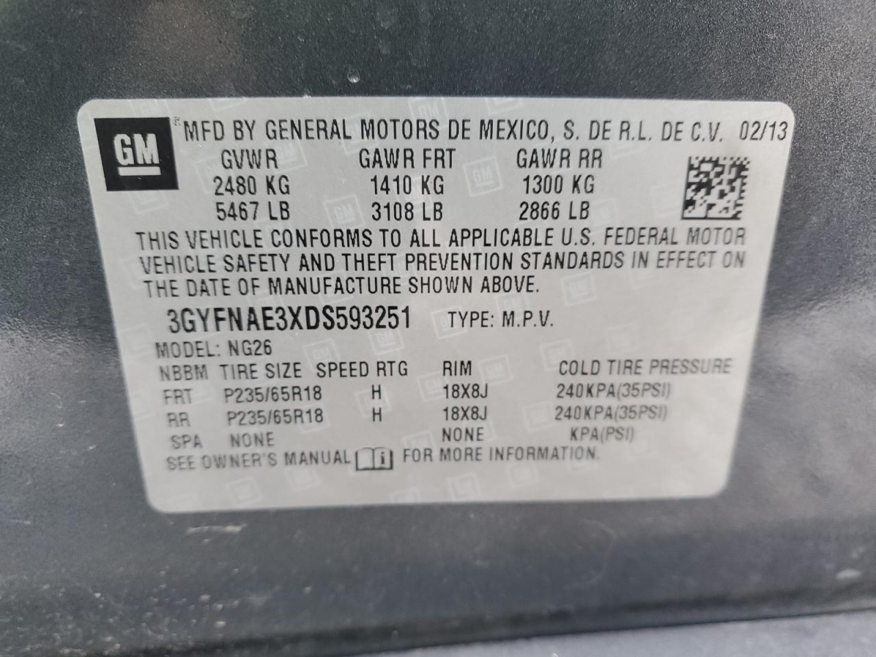 3GYFNAE3XDS593251 2013 Cadillac Srx