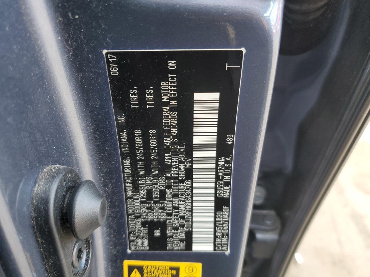 5TDJZRFH6HS434766 TOYOTA HIGHLANDER 2017