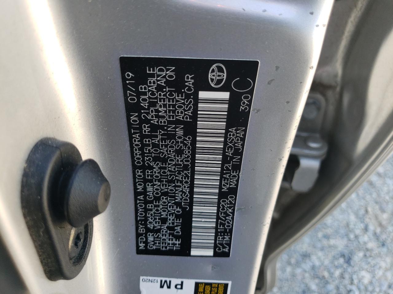JTDS4RCE2LJ038546 TOYOTA COROLLA 2020