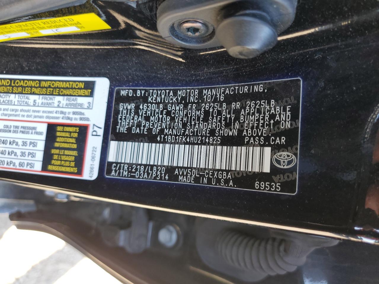 4T1BD1FK4HU214825 TOYOTA CAMRY 2017