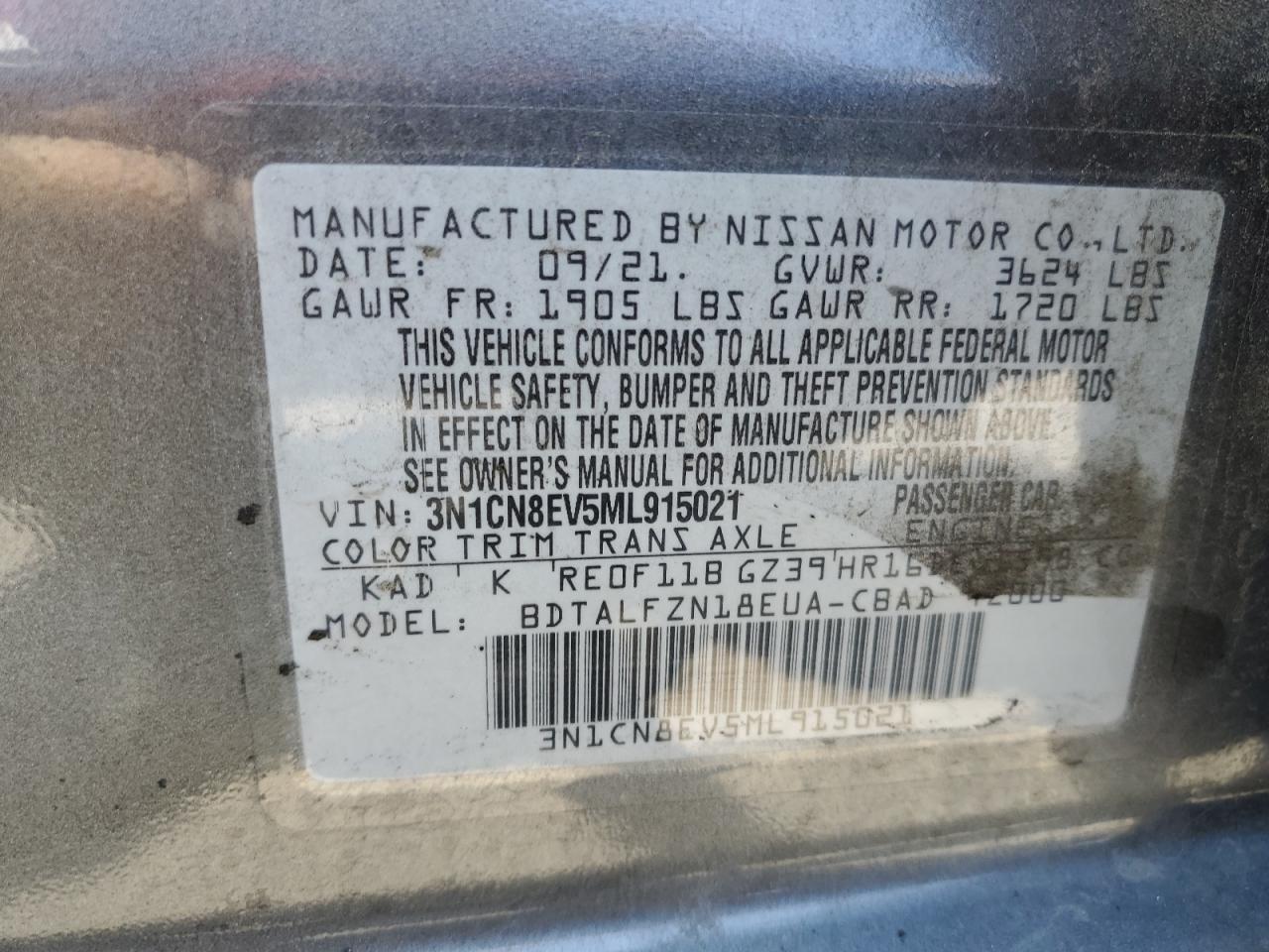 3N1CN8EV5ML915021 NISSAN VERSA 2021