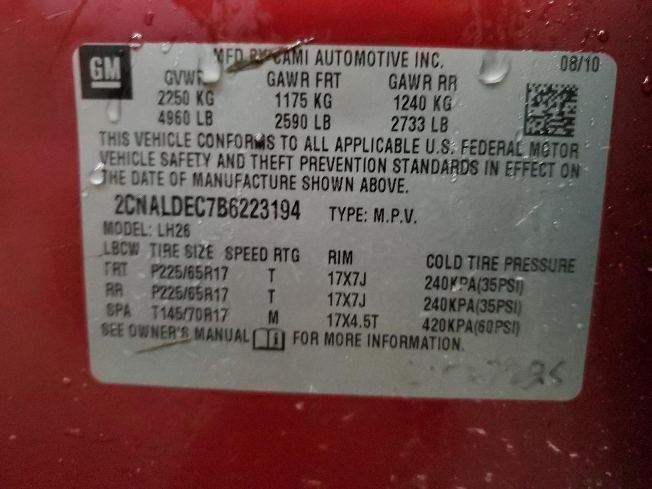 2CNALDEC7B6223194 2011 Chevrolet Equinox Lt