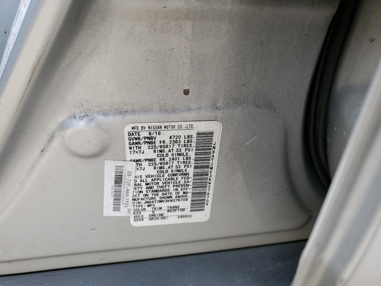JN8AT2MV3KW376709 NISSAN ROGUE 2019