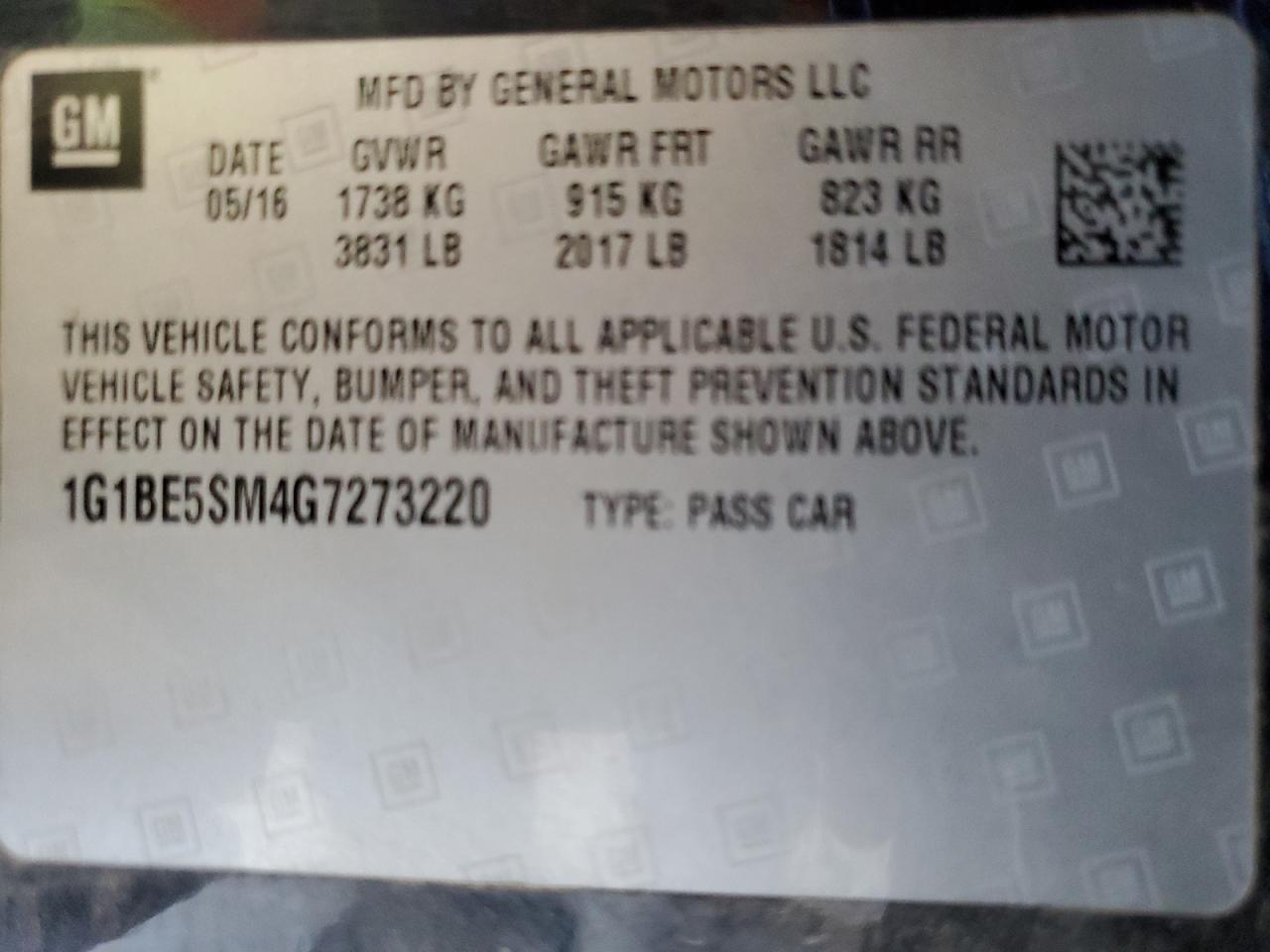 1G1BE5SM4G7273220 CHEVROLET CRUZE 2016