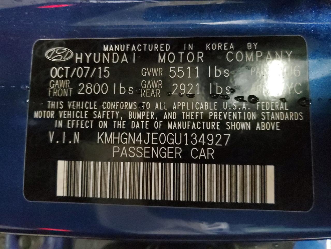 2016 Hyundai Genesis 3.8L vin: KMHGN4JE0GU134927