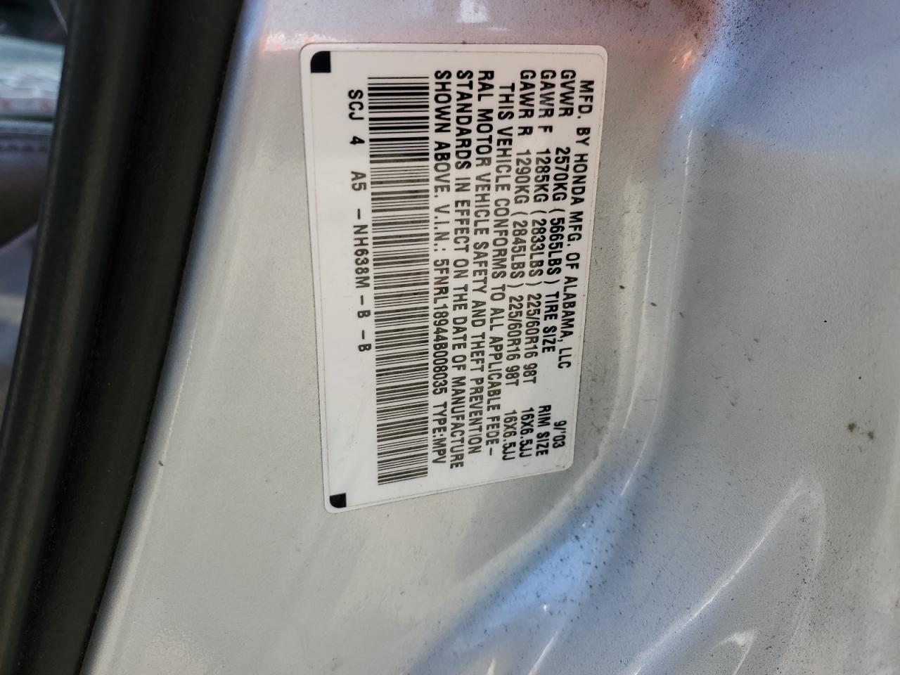 5FNRL18944B008035 2004 Honda Odyssey Exl
