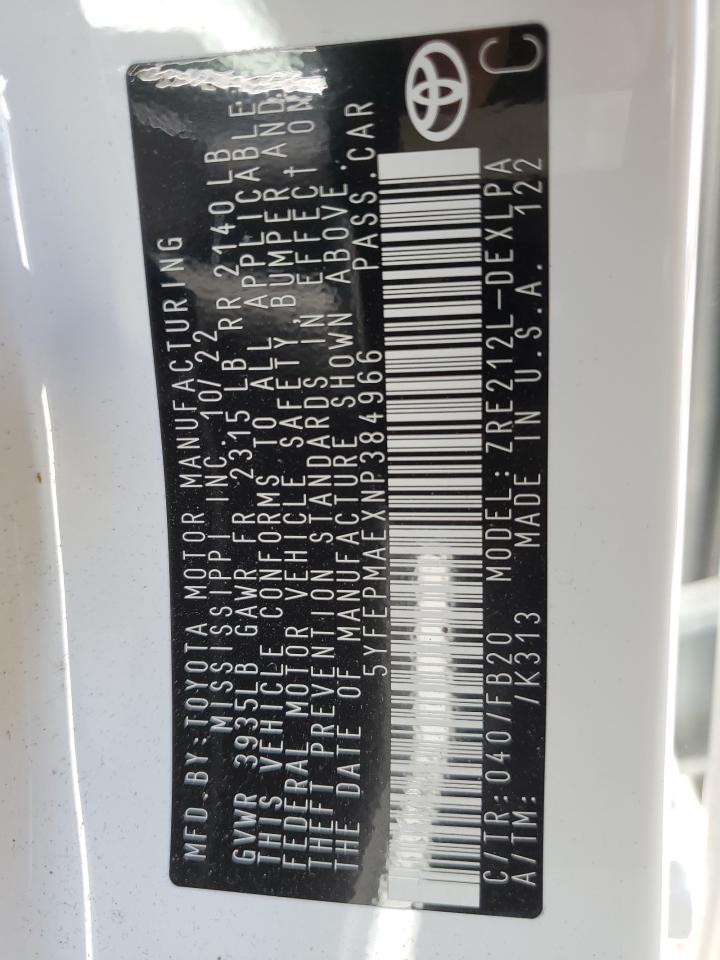 5YFEPMAEXNP384966 TOYOTA COROLLA 2022