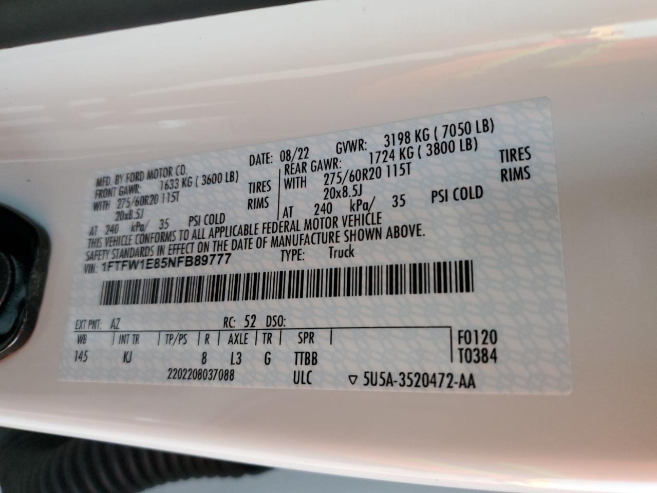 1FTFW1E85NFB89777 FORD F-150 2022