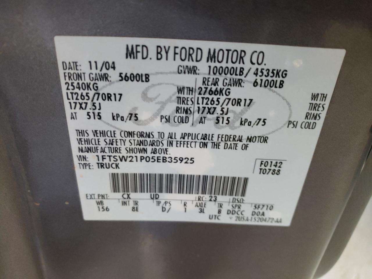 1FTSW21P05EB35925 2005 Ford F250 Super Duty