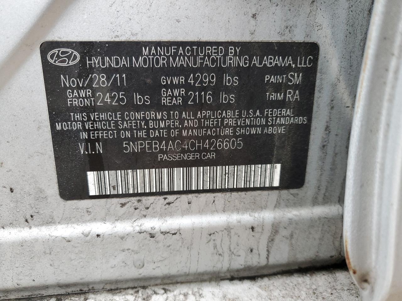 5NPEB4AC4CH426605 2012 Hyundai Sonata Gls