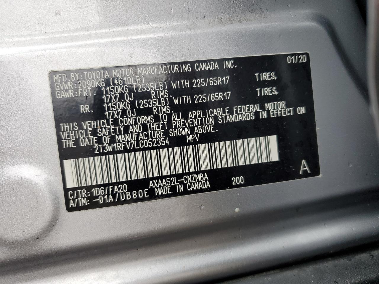 2T3W1RFV7LC052354 TOYOTA RAV4 2020