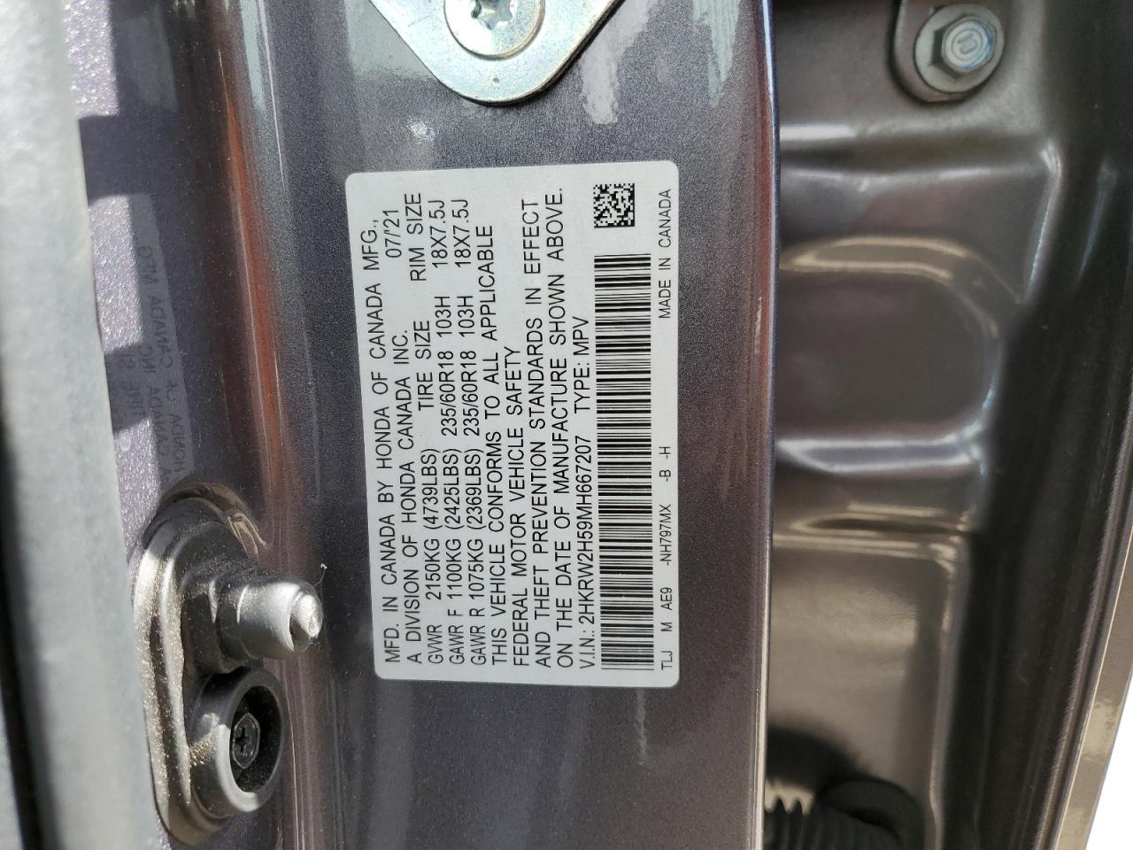 2HKRW2H59MH667207 HONDA CRV 2021