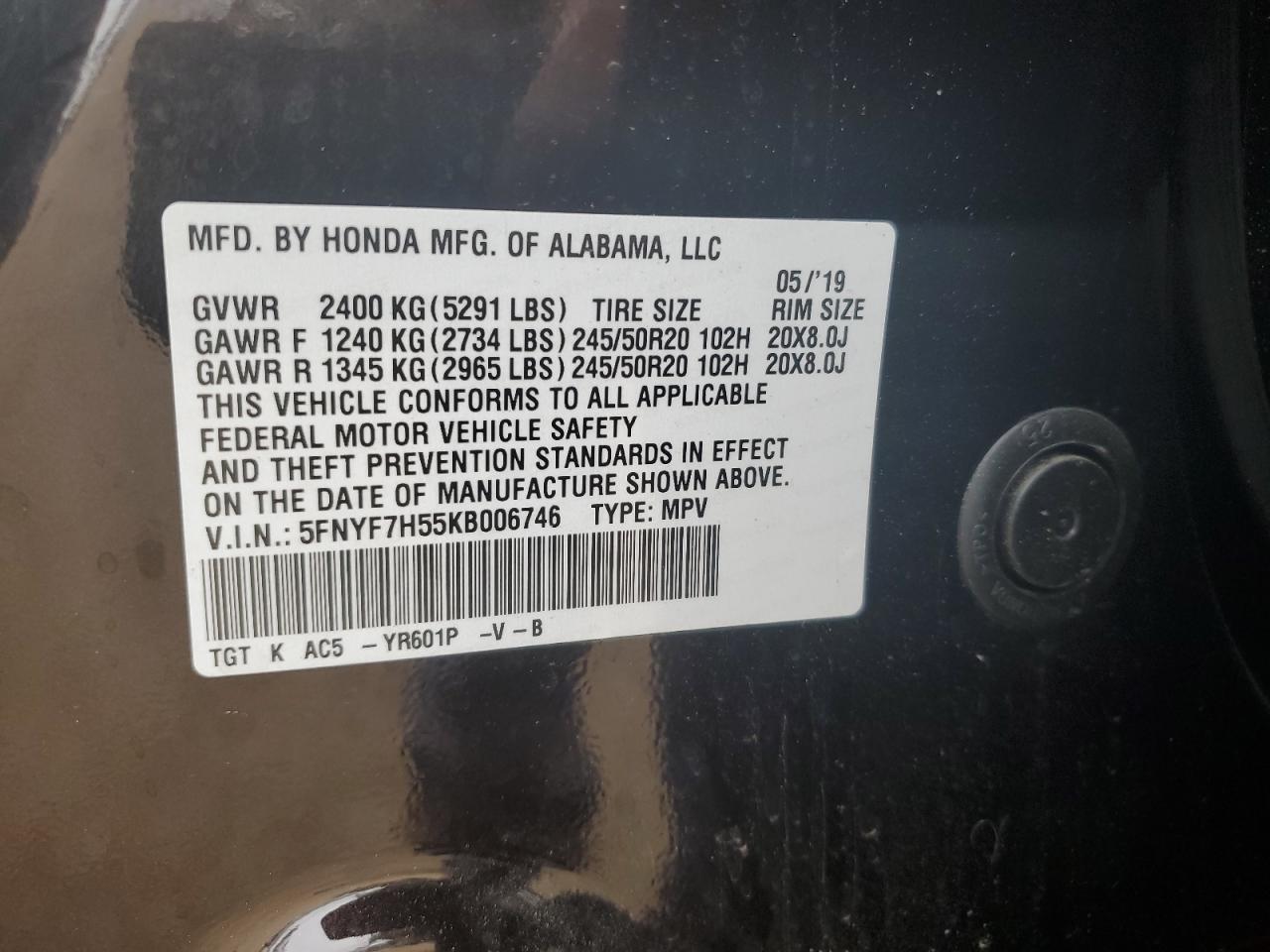 5FNYF7H55KB006746 2019 Honda Passport Exl