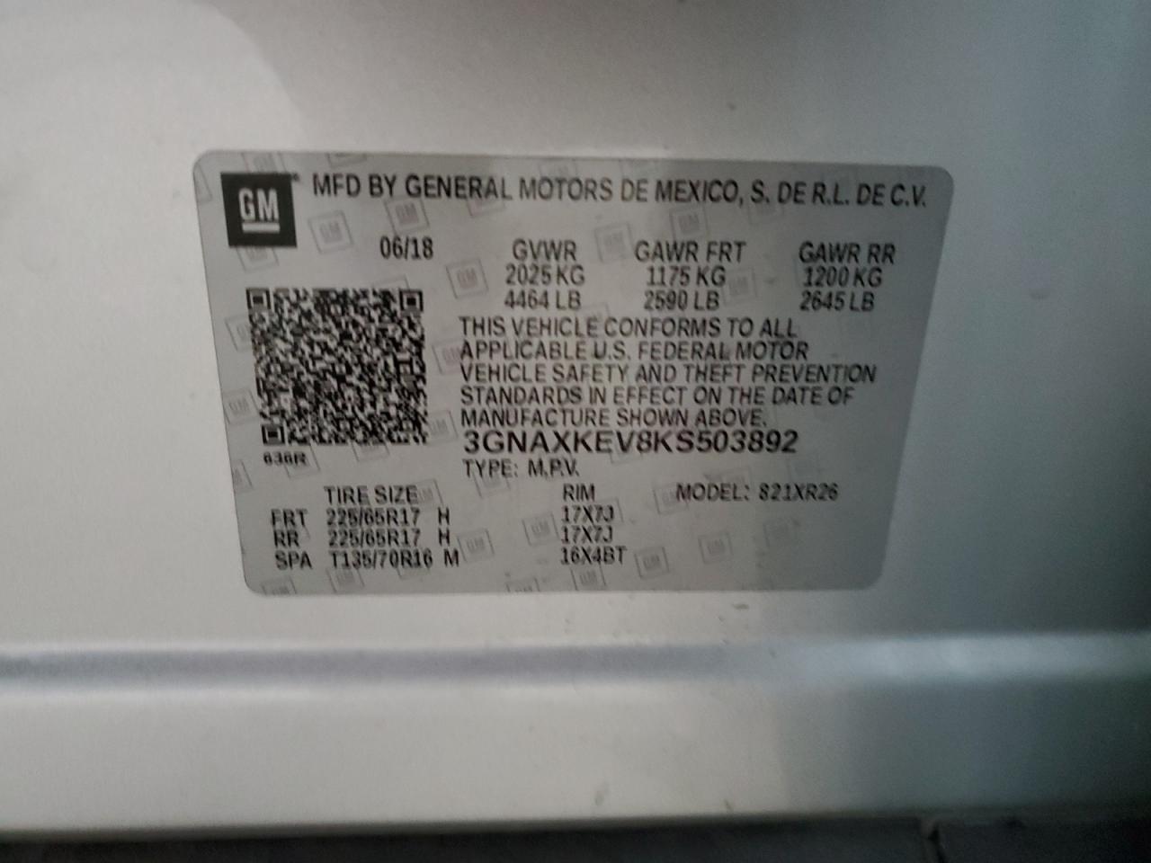 3GNAXKEV8KS503892 CHEVROLET EQUINOX 2019