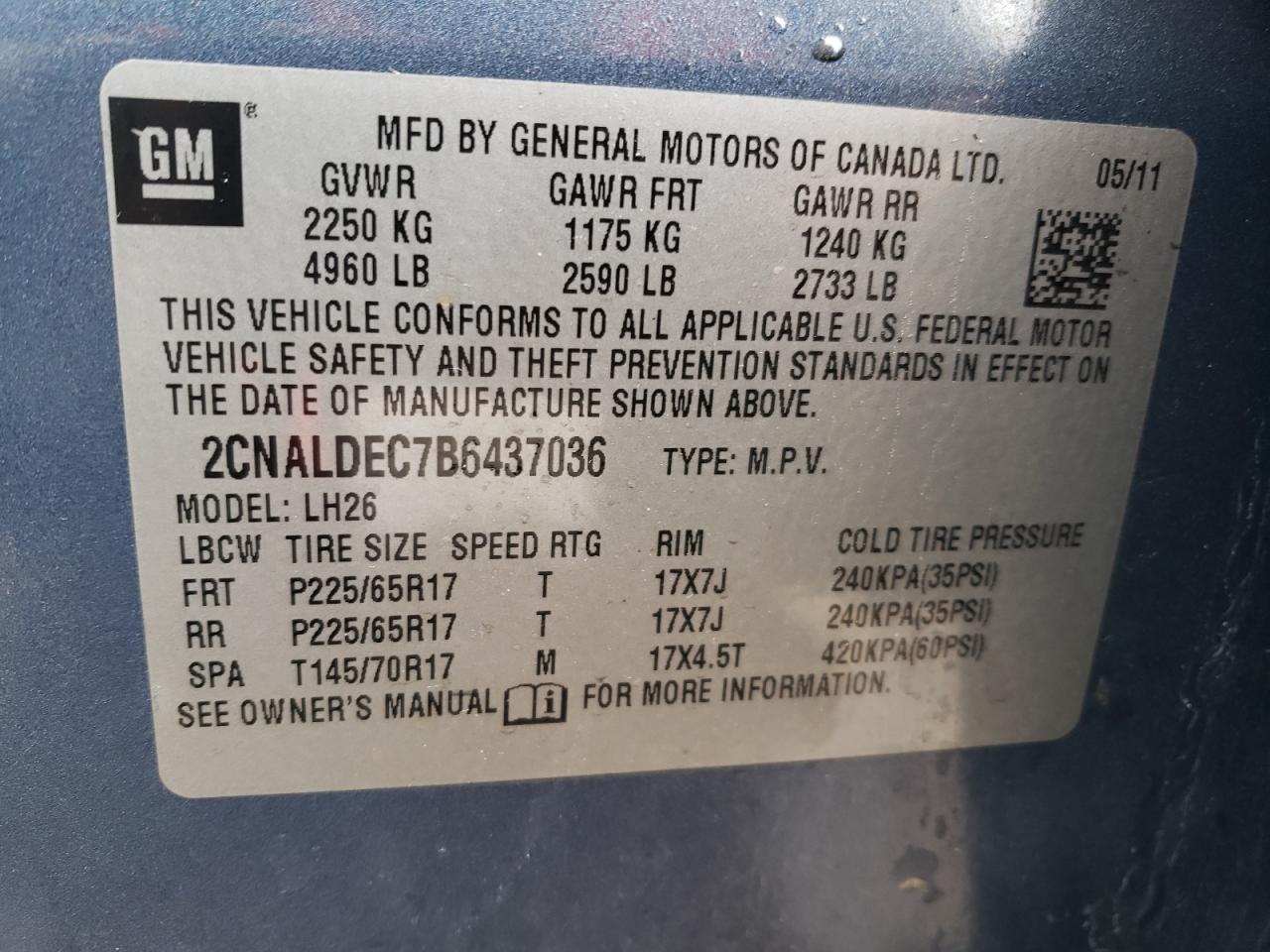 2CNALDEC7B6437036 2011 Chevrolet Equinox Lt
