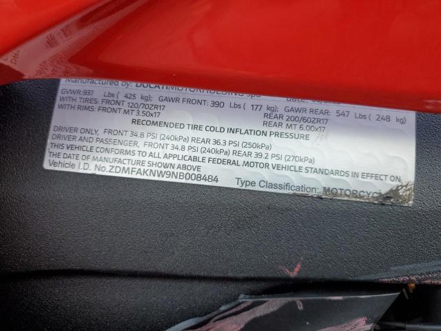 2022 DUCATI STREETFIGH ZDMFAKNW9NB008484