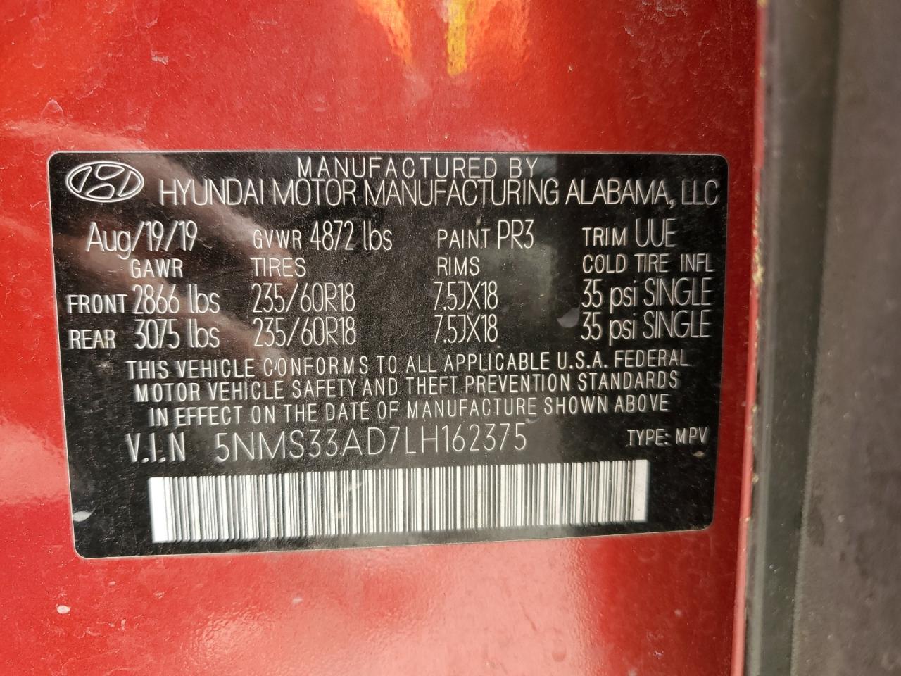 5NMS33AD7LH162375 2020 Hyundai Santa Fe Sel