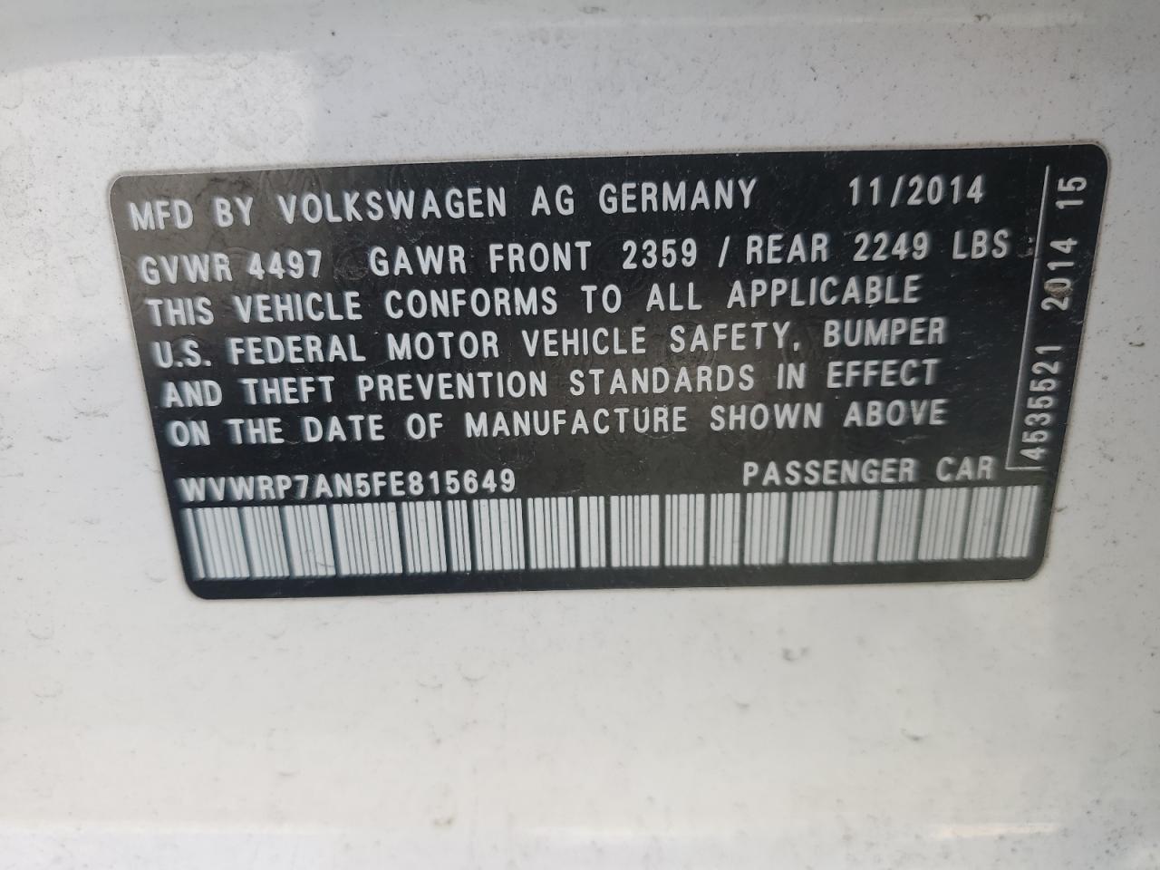 WVWRP7AN5FE815649 2015 Volkswagen Cc Executive