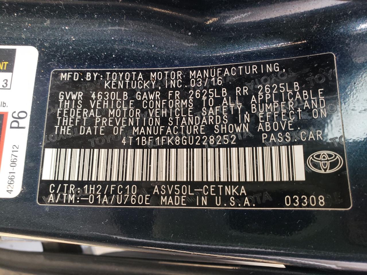 4T1BF1FK8GU228252 TOYOTA CAMRY 2016