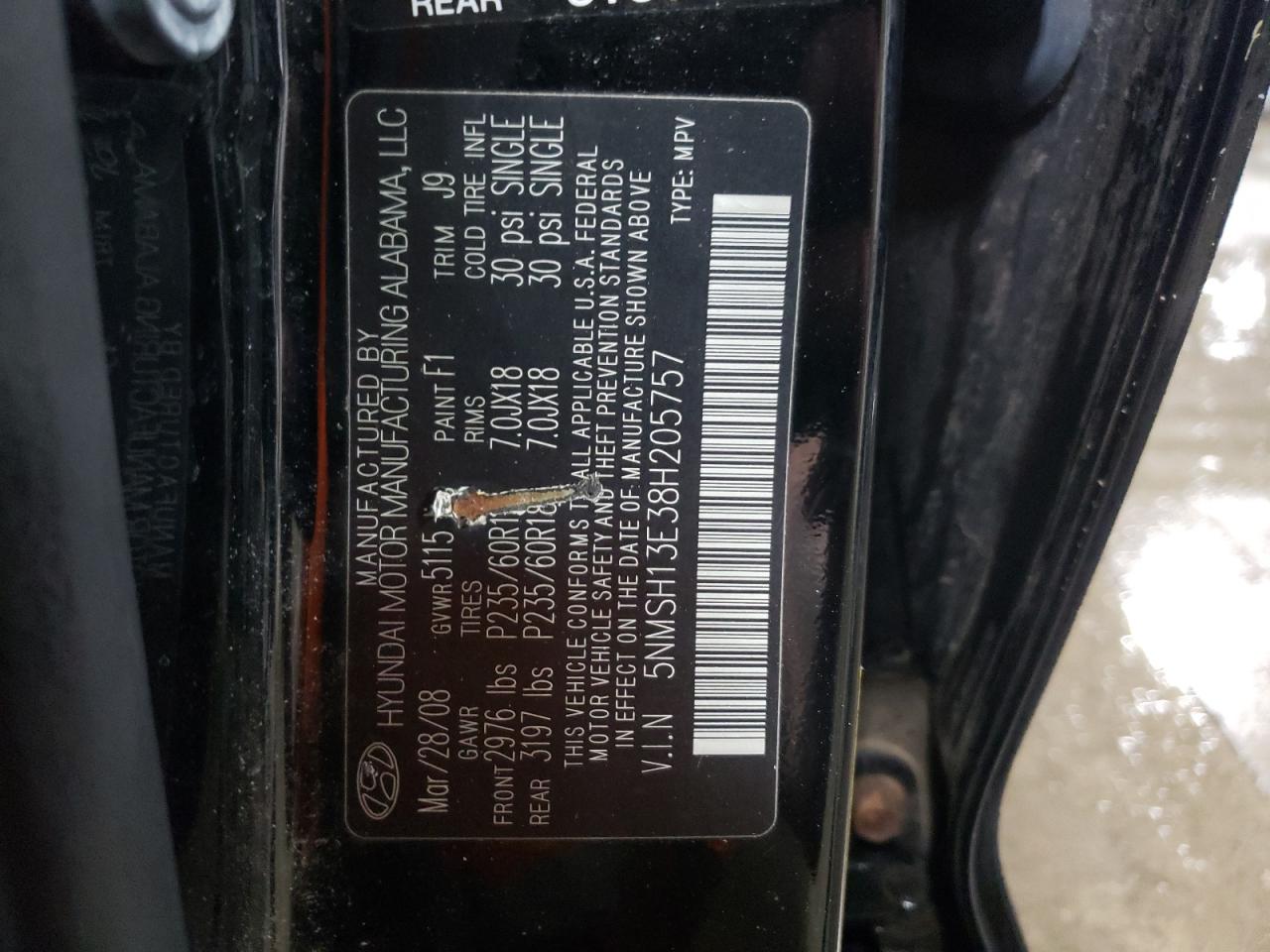 5NMSH13E38H205757 2008 Hyundai Santa Fe Se