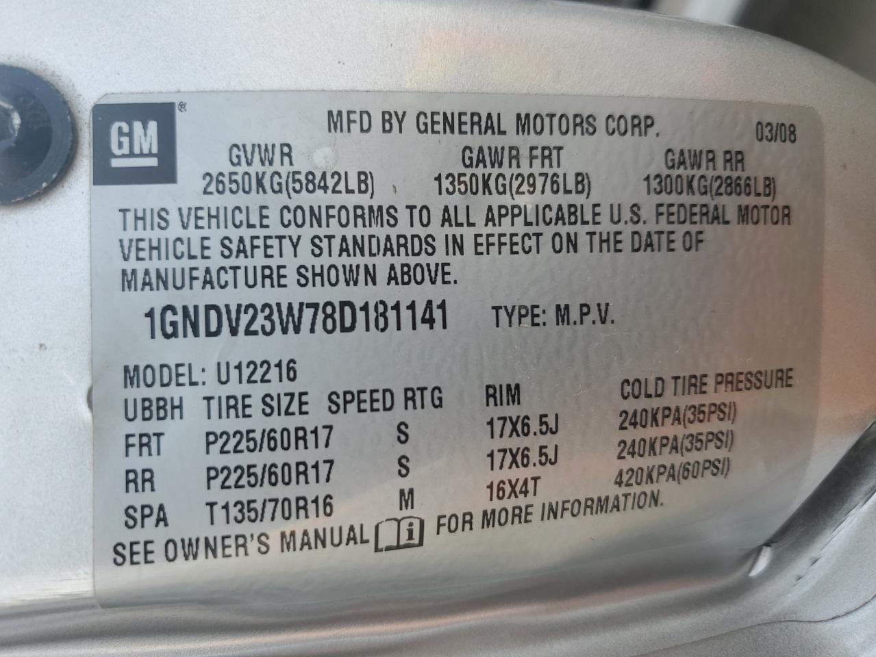 1GNDV23W78D181141 2008 Chevrolet Uplander Ls