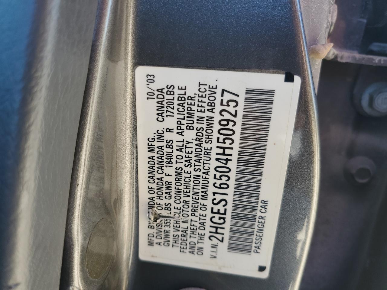 2HGES16504H509257 2004 Honda Civic Lx