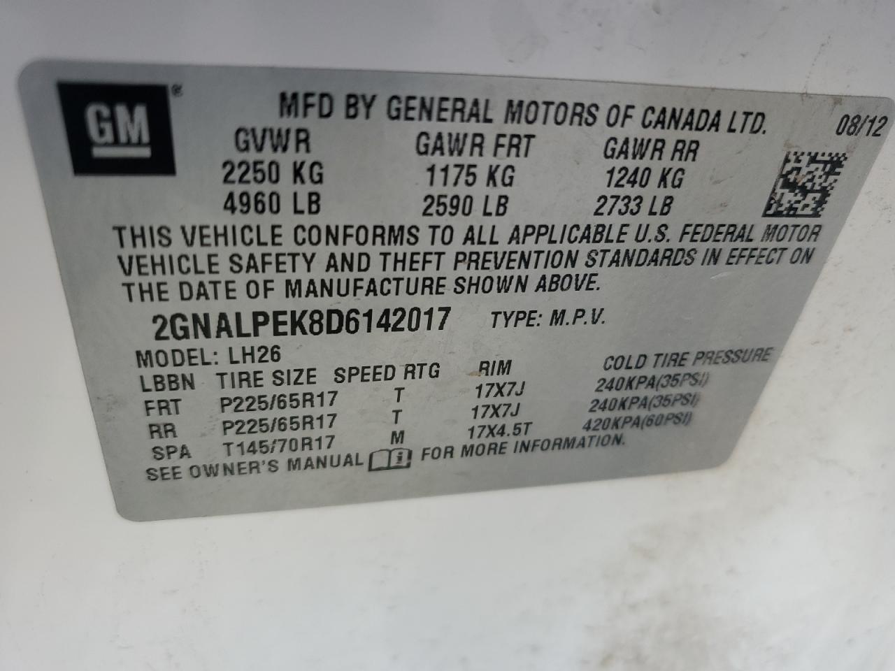 2GNALPEK8D6142017 2013 Chevrolet Equinox Lt