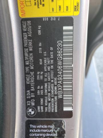 2006 BMW X3 3.0I VIN: WBXPA93406WG86230 Lot: 44875634