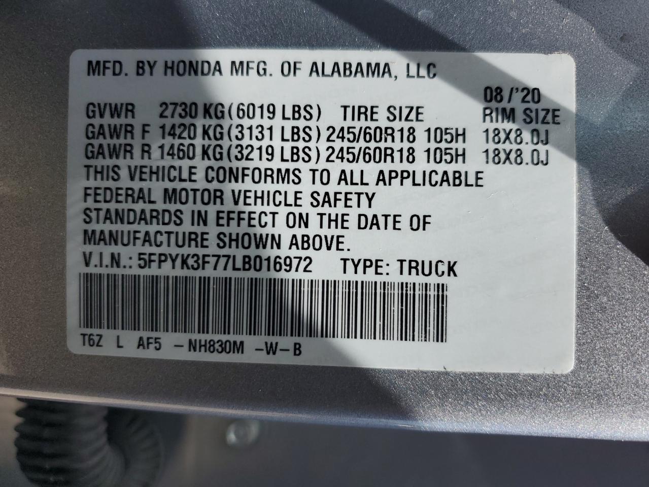 VIN: 5FPYK3F77LB016972 2020 HONDA RIDGELINE