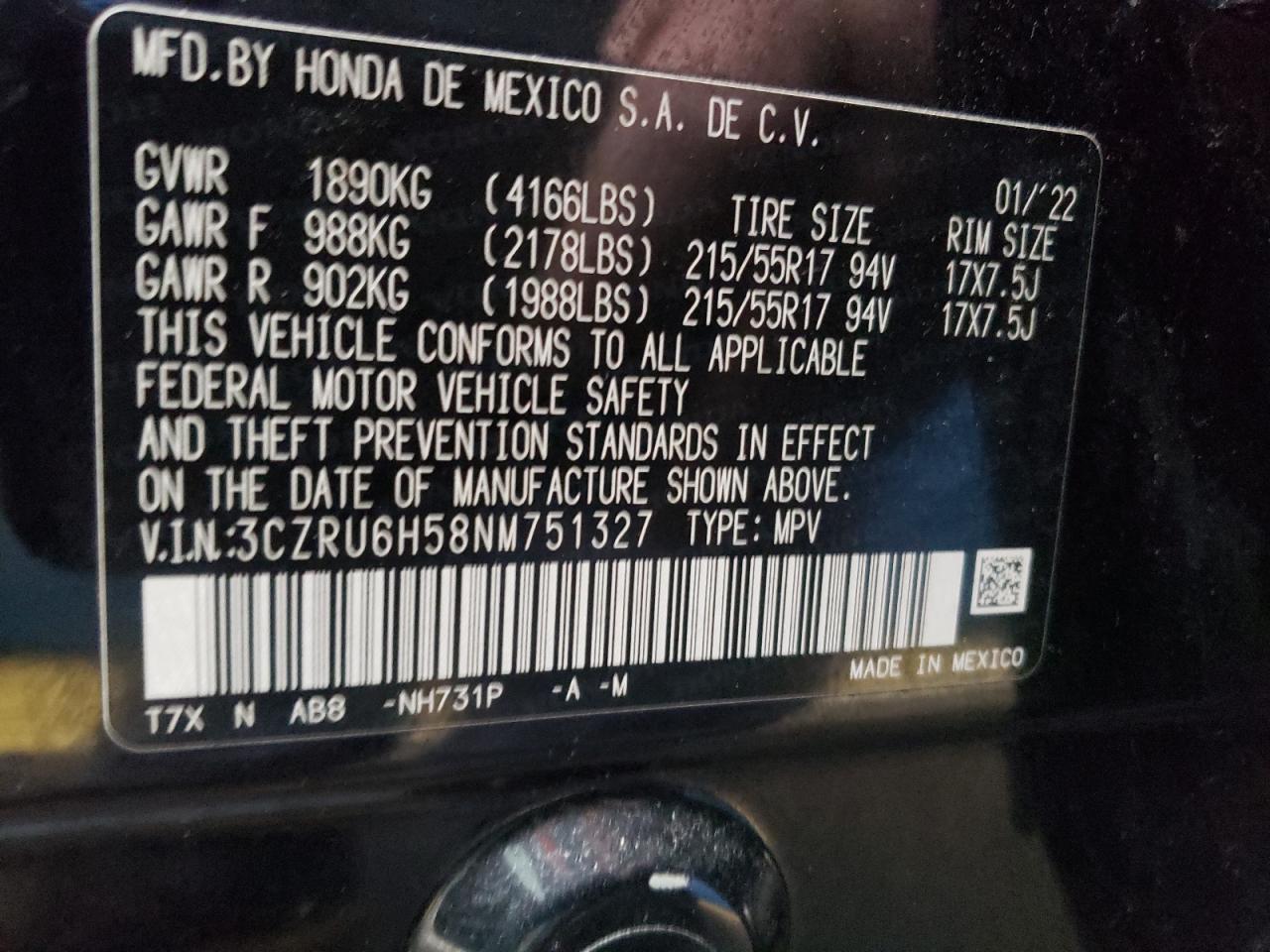 3CZRU6H58NM751327 HONDA HR-V 2022