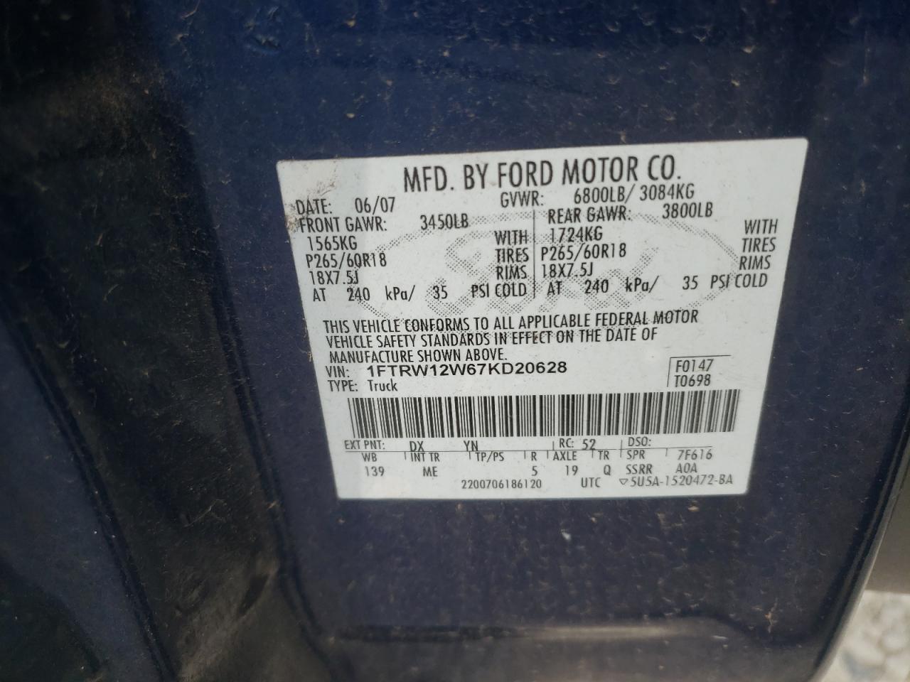 1FTRW12W67KD20628 2007 Ford F150 Supercrew