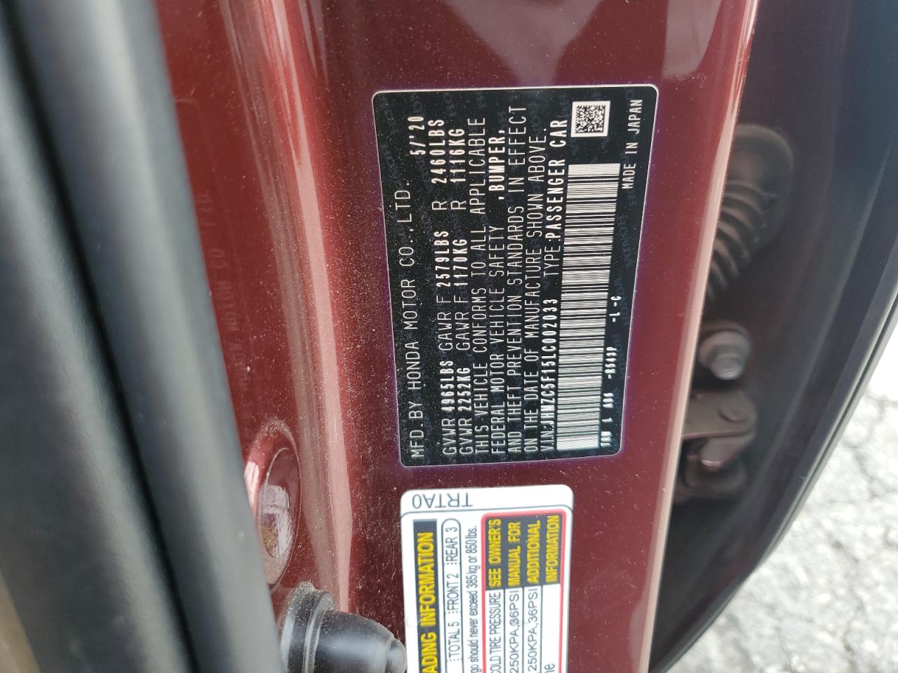 JHMZC5F15LC002033 HONDA CLARITY 2020