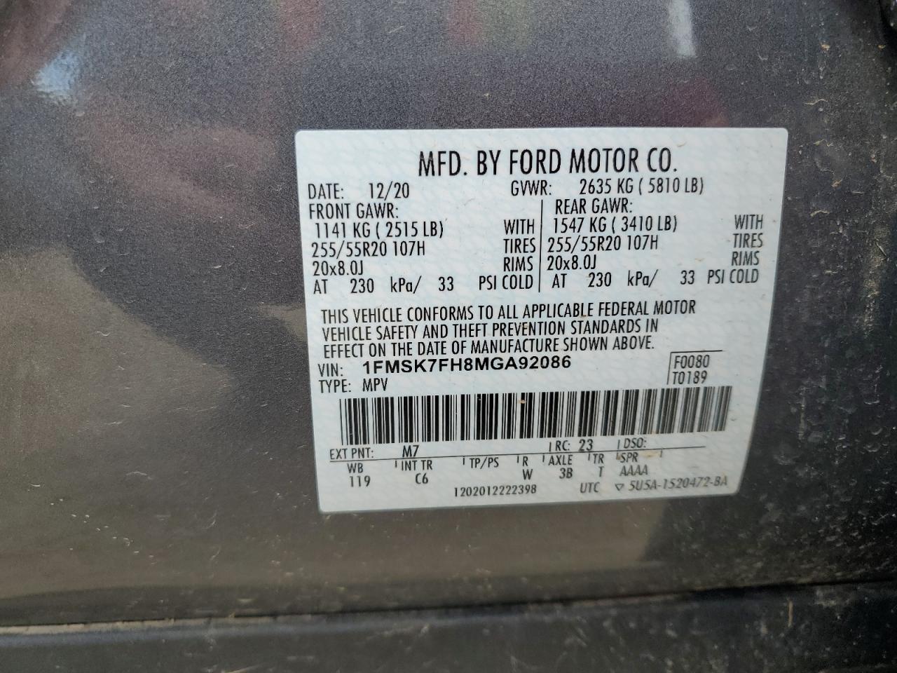 1FMSK7FH8MGA92086 FORD EXPLORER 2021