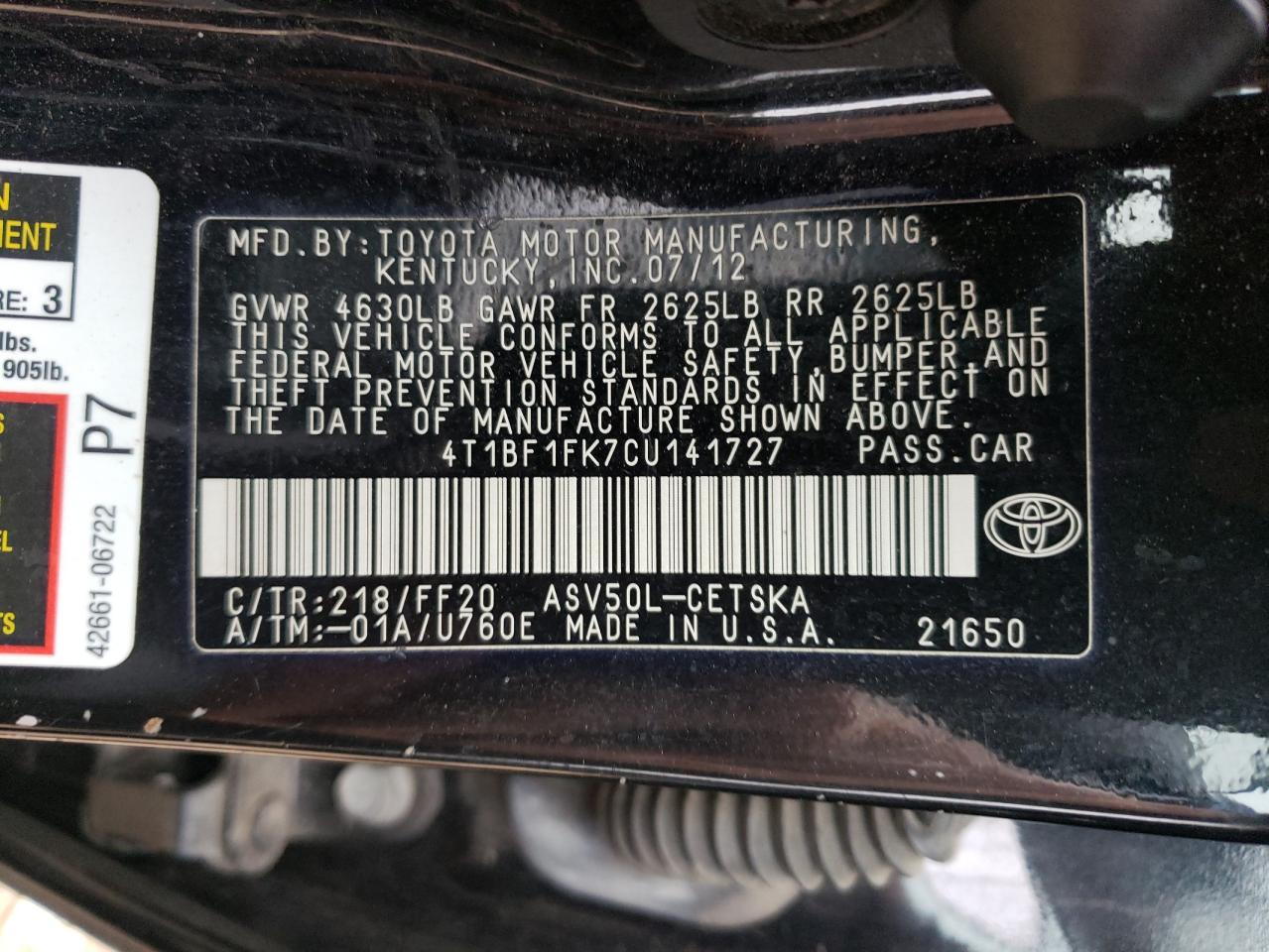 4T1BF1FK7CU141727 2012 Toyota Camry Base