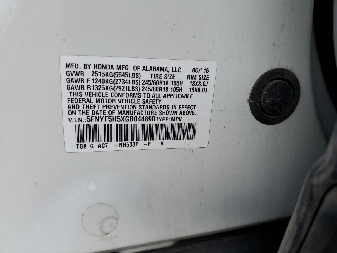 5FNYF5H5XGB044890 HONDA PILOT 2016