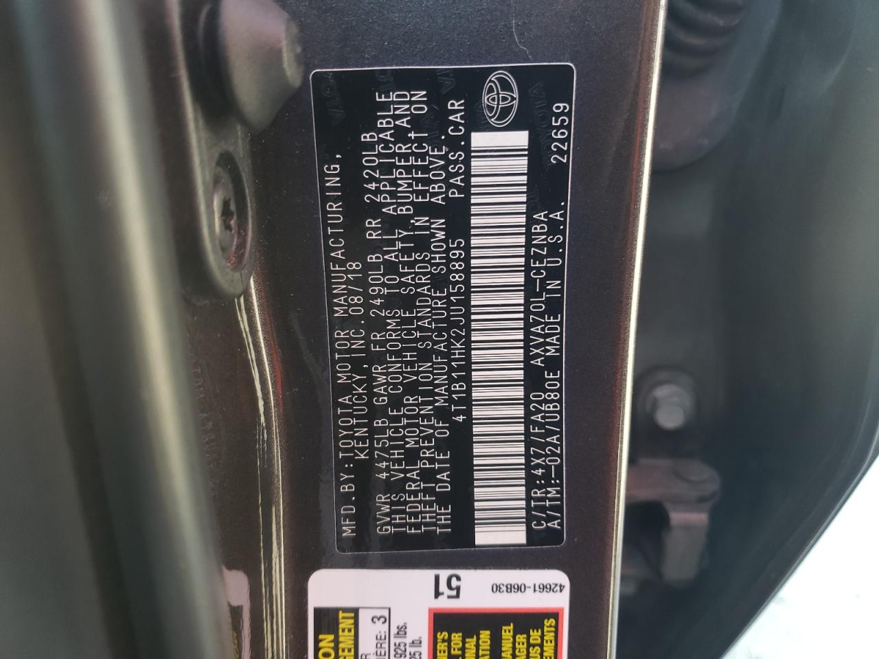 4T1B11HK2JU158895 TOYOTA CAMRY 2018