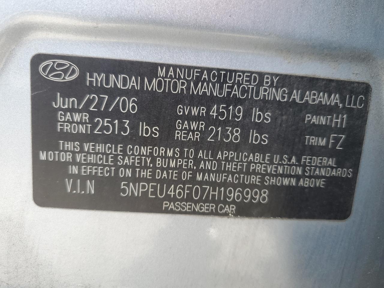 5NPEU46F07H196998 2007 Hyundai Sonata Se